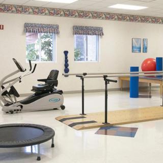 A physical therapy room equipped with various exercise machines and tools.