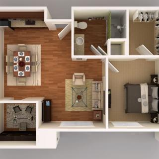 3D floor plan of a modern apartment with a living room, bedroom, bathroom, and dining area.