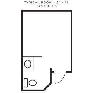A floor plan of a typical room measuring 9 feet by 12 feet, totaling 228 square feet, including a small bathroom.