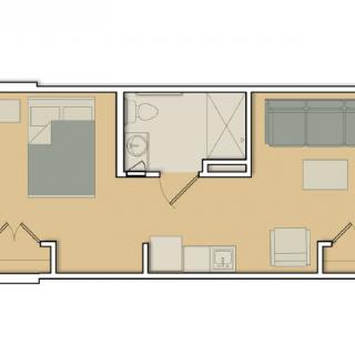 A simple floor plan showcasing a one-bedroom apartment with a bathroom, kitchen, and living room.