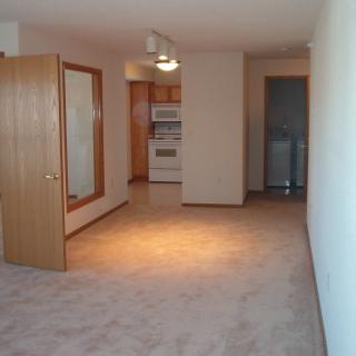 An empty apartment showcasing a carpeted living area leading to a small kitchen with wooden cabinetry.