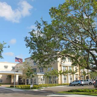A large building with a tree in front and a flag waving on a clear day.