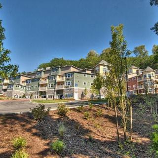 A scenic view of residential apartment buildings surrounded by greenery and a clear blue sky.