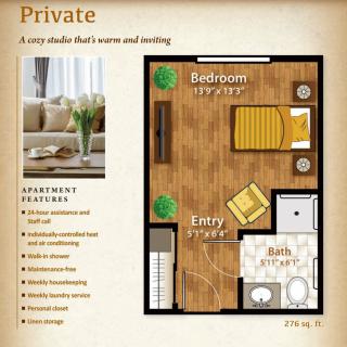A cozy and warm studio apartment floor plan featuring a bedroom, entry area, and bathroom.