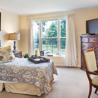 A cozy bedroom with a large window, furnished with a bed, bedside lamp, dresser, and television.