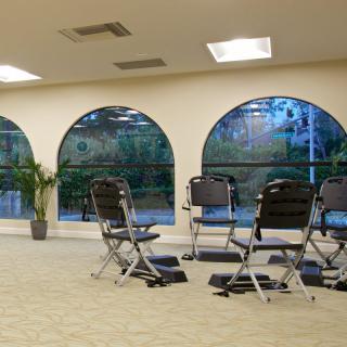 A spacious meeting room with rows of chairs, large arched windows, and a plant adding greenery to the setting.