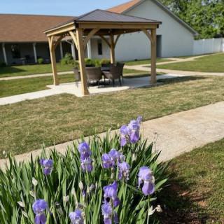 A garden scene featuring a gazebo with outdoor seating, surrounded by purple irises and grassy pathways.