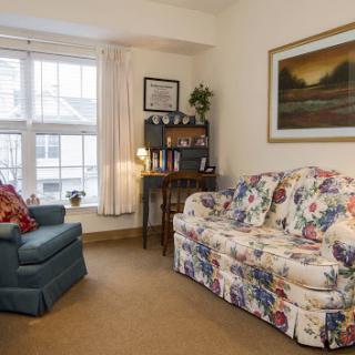 A cozy living room featuring a floral sofa and a blue armchair, complemented by natural light filtering through the windows.