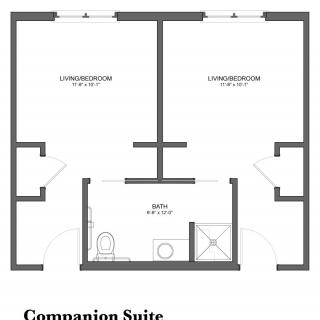 Floor plan of a companion suite showing two living rooms and a shared bathroom.