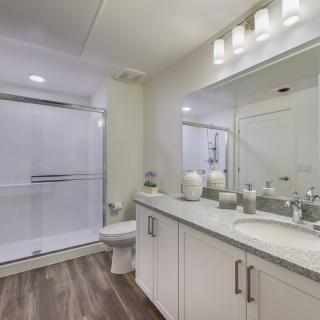 A modern bathroom with a double sink, large mirror, and a glass-enclosed shower.