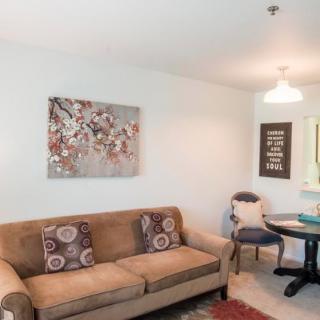 A cozy living room with a brown sofa, decorative cushions, and wall art.