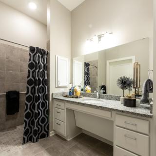 A modern bathroom featuring a large mirror, a double sink vanity, and a stylish shower curtain.