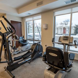A well-equipped indoor gym featuring an elliptical machine and a recumbent bike, with a snowy landscape visible outside the windows.