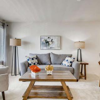 A modern living room with a gray sofa, wooden coffee table, and stylish decor.