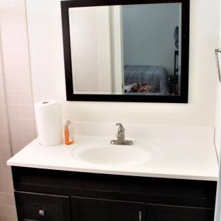 A bathroom vanity with a sink, mirror, soap dispenser, and paper towel roll.