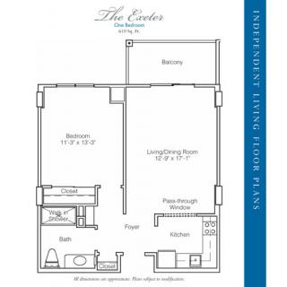 A floor plan of a one-bedroom apartment with a living room, kitchen, bathroom, and balcony.