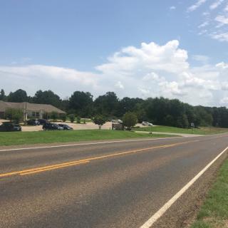 A scenic view of a rural road lined with houses under a blue sky.