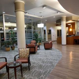 A modern lobby area with comfortable seating, potted plants, and a reception desk.