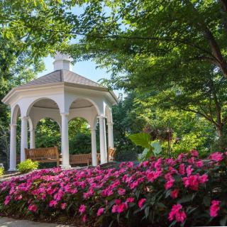 A picturesque gazebo surrounded by vibrant pink flowers in a lush garden.