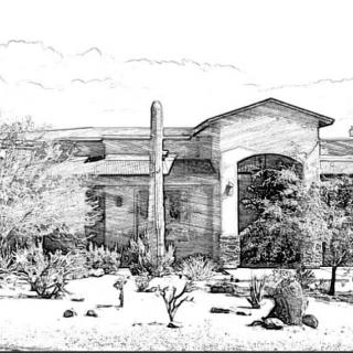 A black and white illustration of a house surrounded by desert vegetation including cacti and trees.