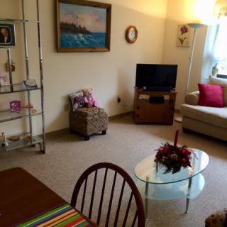 A cozy living room with a comfortable setup including a couch, television, and decorative elements.