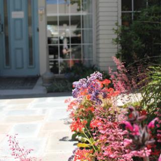 A vibrant display of flowers leading up to a charming front door.