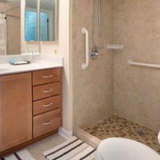 A modern bathroom with a walk-in shower, vanity, and toilet.