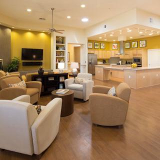 A modern living room with an open kitchen layout, featuring comfortable seating and stylish decor.