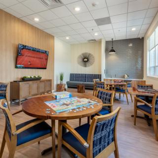 A modern waiting room with comfortable seating and stylish decor.