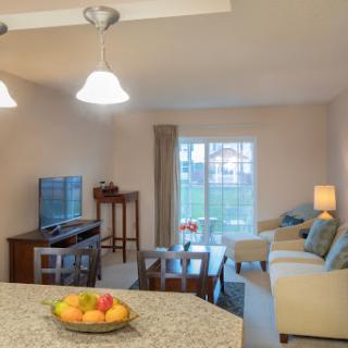 A cozy and modern living space featuring a kitchen area, comfortable seating, and ample natural light.