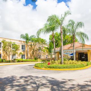 A welcoming hotel entrance surrounded by lush palm trees and vibrant landscaping.