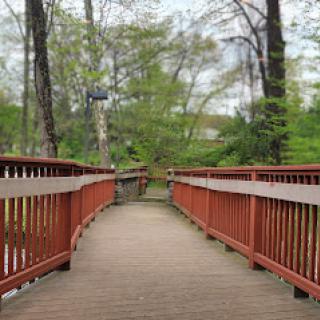 A tranquil wooden bridge surrounded by lush green trees, inviting a peaceful stroll through nature.