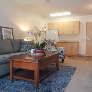 A cozy living room with a sofa, coffee table, and kitchenette in the background.