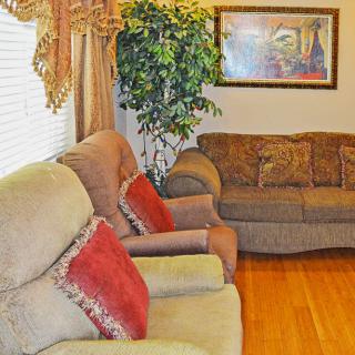 A cozy living room with plush sofas, decorative pillows, a leafy houseplant, and elegant wall art.