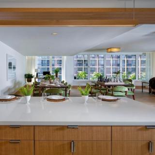 A modern open-concept kitchen and dining area with ample natural light and greenery.