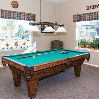 A cozy game room featuring a pool table with green felt under a hanging lamp, adorned with windows and carpet flooring.