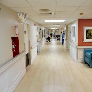 A view of a hospital hallway bustling with activity, showcasing the healthcare environment.