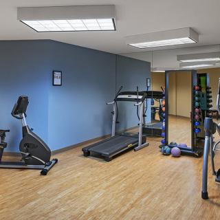 A small indoor gym with exercise equipment including a treadmill, stationary bike, and weights.