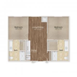 A floor plan layout of a two-bedroom apartment with bathrooms and a central living area.