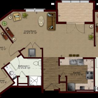A floor plan of an apartment featuring designated areas for the living room, kitchen, bedroom, and bathroom.