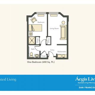 A floor plan layout for a one-bedroom assisted living apartment.
