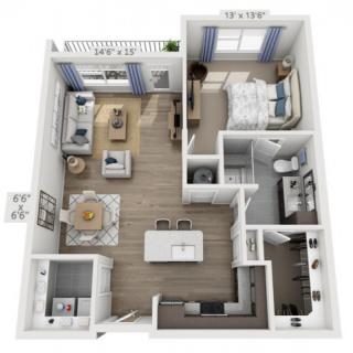 A detailed floor plan of a 1-bedroom apartment showcasing the layout of the living area, kitchen with an island, bathroom, and bedroom.