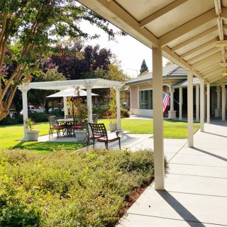 A sunny outdoor garden area with a gazebo and seating, surrounded by lush greenery and a walkway.