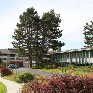 A scenic view of a campus with modern buildings surrounded by trees and a pathway.