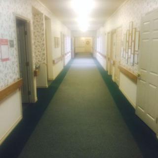 A long, carpeted hallway with multiple doors and bright overhead lighting.