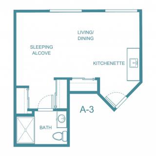 Studio apartment floor plan with a living/dining area, kitchenette, sleeping alcove, and bathroom.