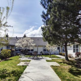 A peaceful residential area with a lawn, trees, and a pathway leading to the house.