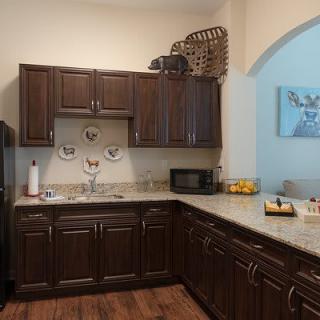 A modern kitchen with dark wood cabinets and a neat countertop, featuring decorative plates on the wall.