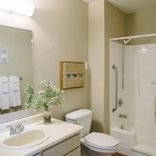 A neat and tidy bathroom with a sink, a mirror, a toilet, and a shower.