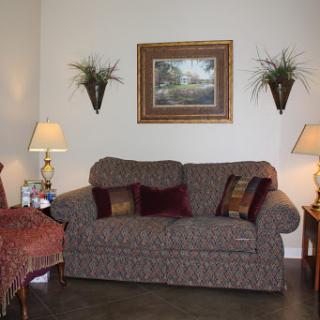 A cozy living room featuring a patterned sofa, decorative plants, and warm lighting.